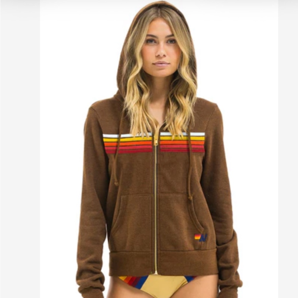 Aviator Nation Brown Hoodie with Multicolor Stripes